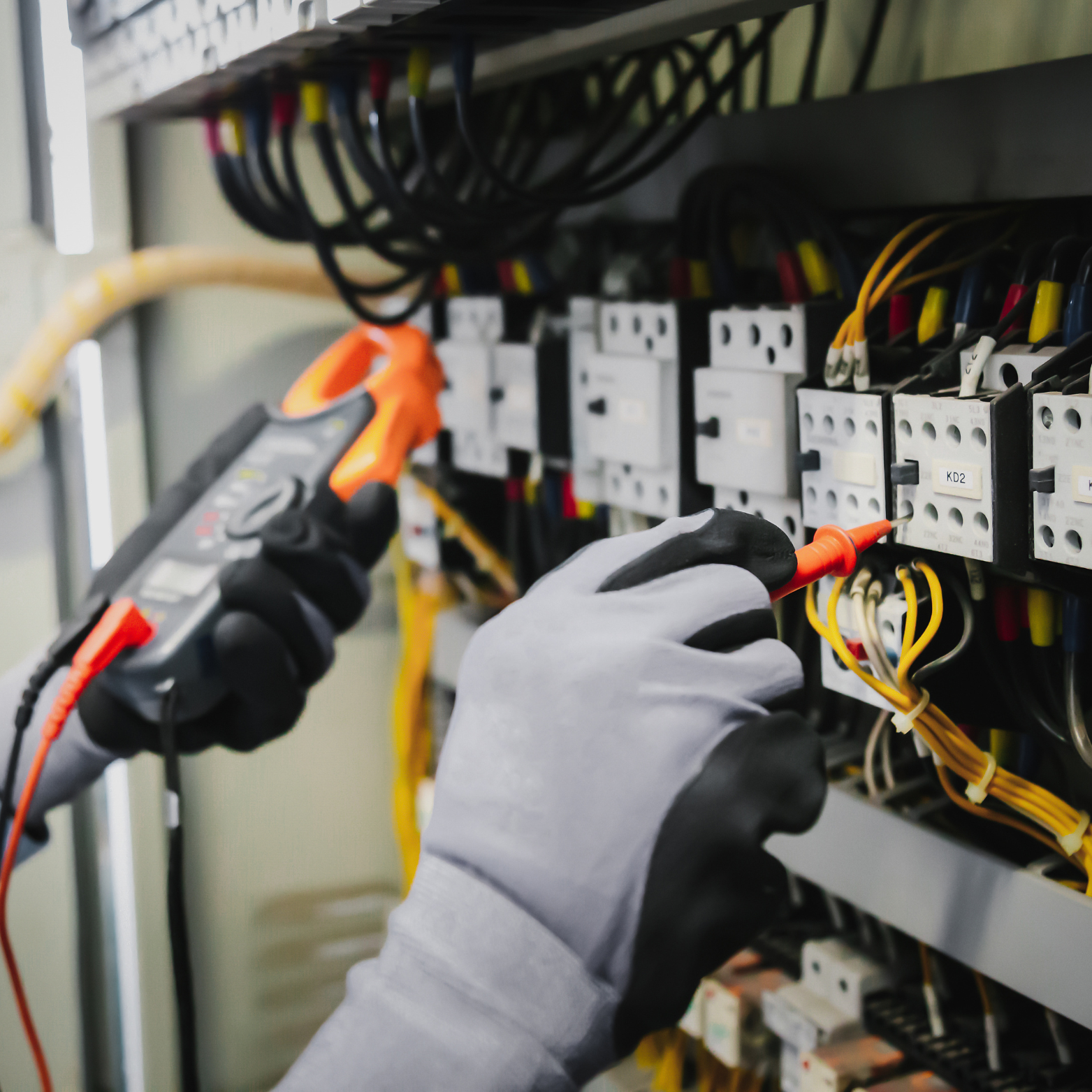 Technik kontroluje elektroinštaláciu vo výrobnej hale