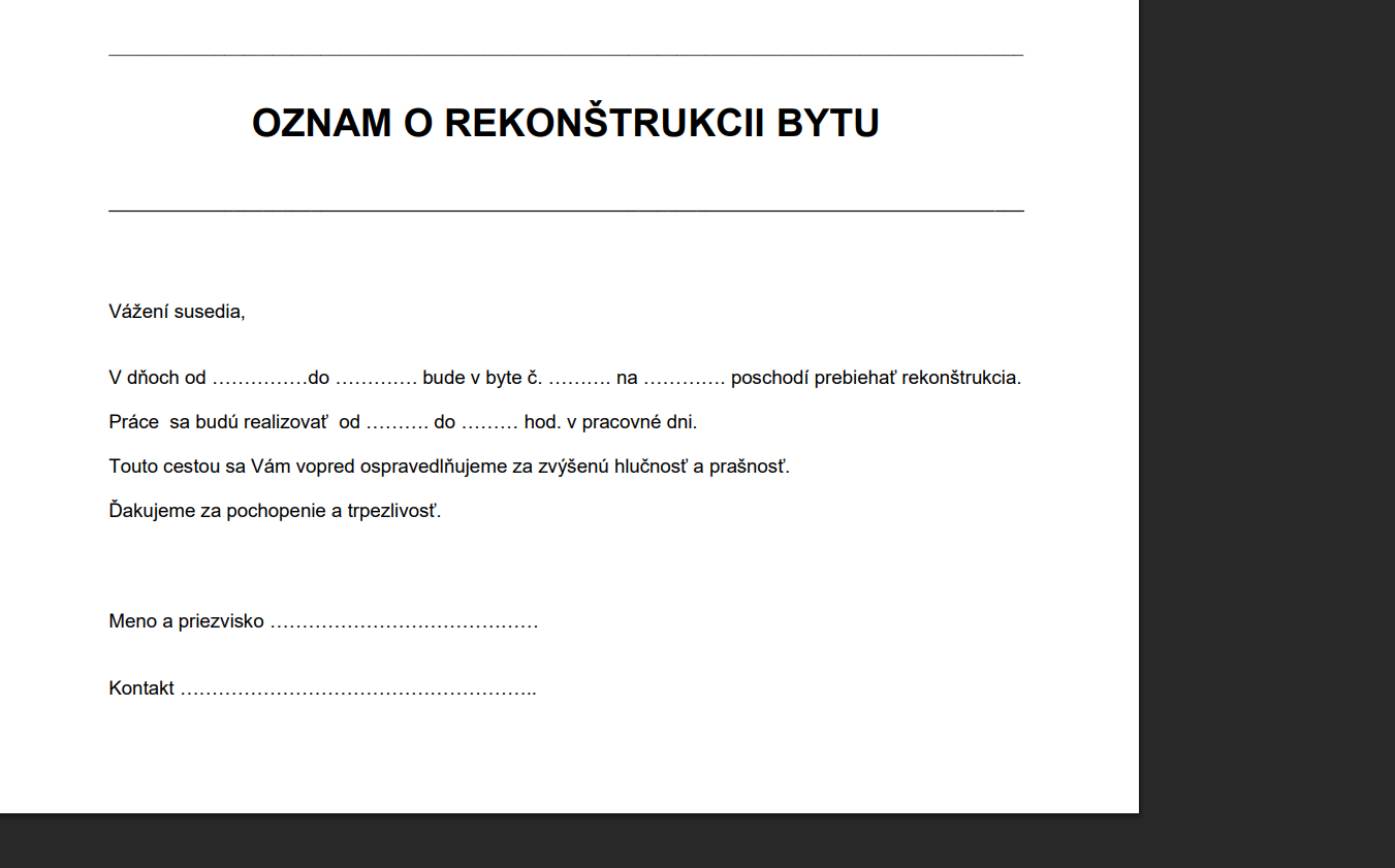 OZNAM O REKONŠTRUKCII BYTU