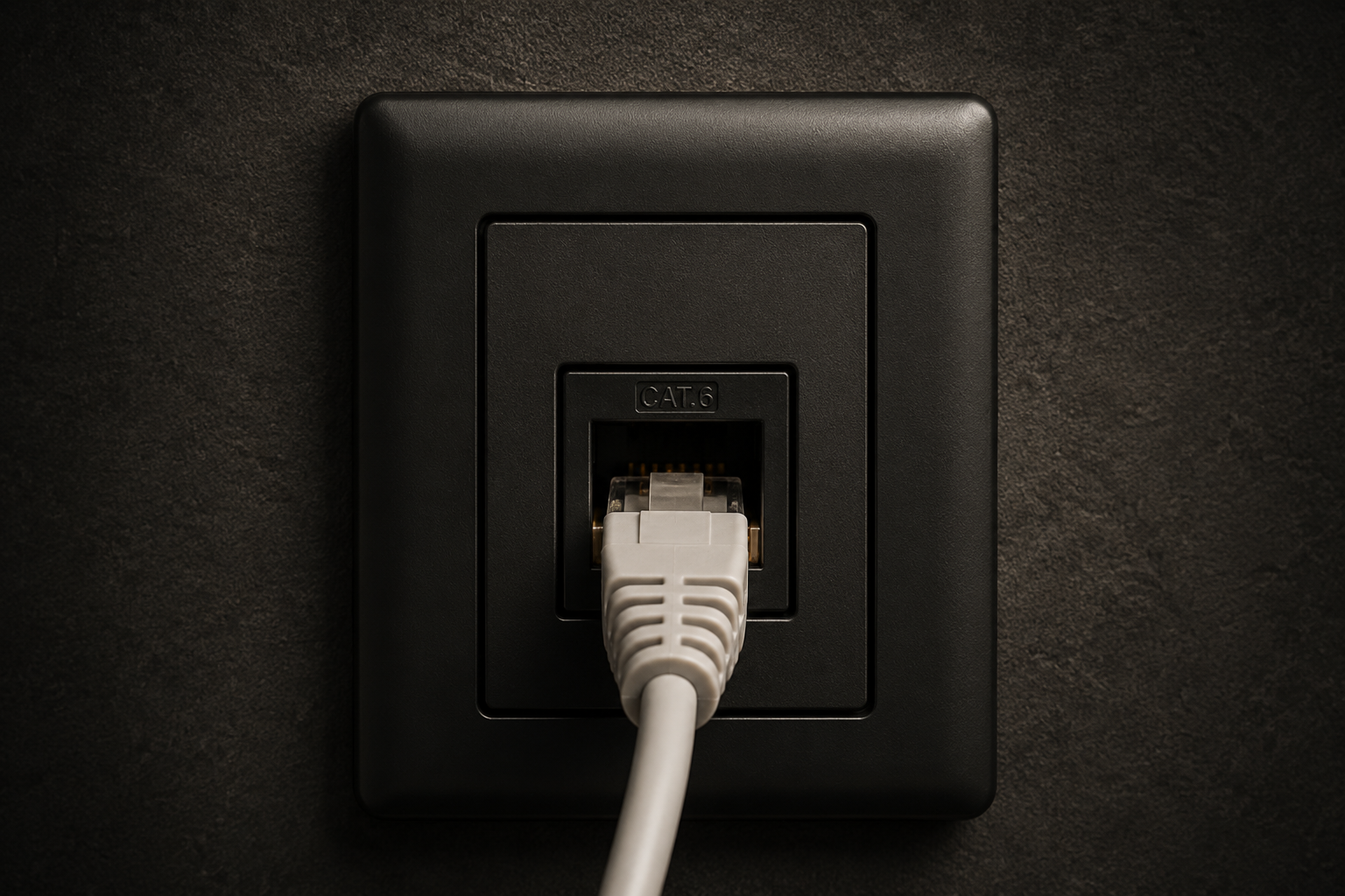 Detailný pohľad na modernú dátovú zásuvku RJ45 s pripojeným sieťovým káblom v tmavom dizajne. Obrázok znázorňuje profesionálne riešenie dátových rozvodov v byte, ktoré zabezpečuje stabilné internetové pripojenie pre smart TV, počítač, hernú konzolu, home office a ďalšie zariadenia. Naša firma realizuje elektroinštalácie, dátové rozvody, montáž RJ45 zásuviek a prípravu internetovej siete pri prerábke bytov a rekonštrukcii elektroinštalácie.