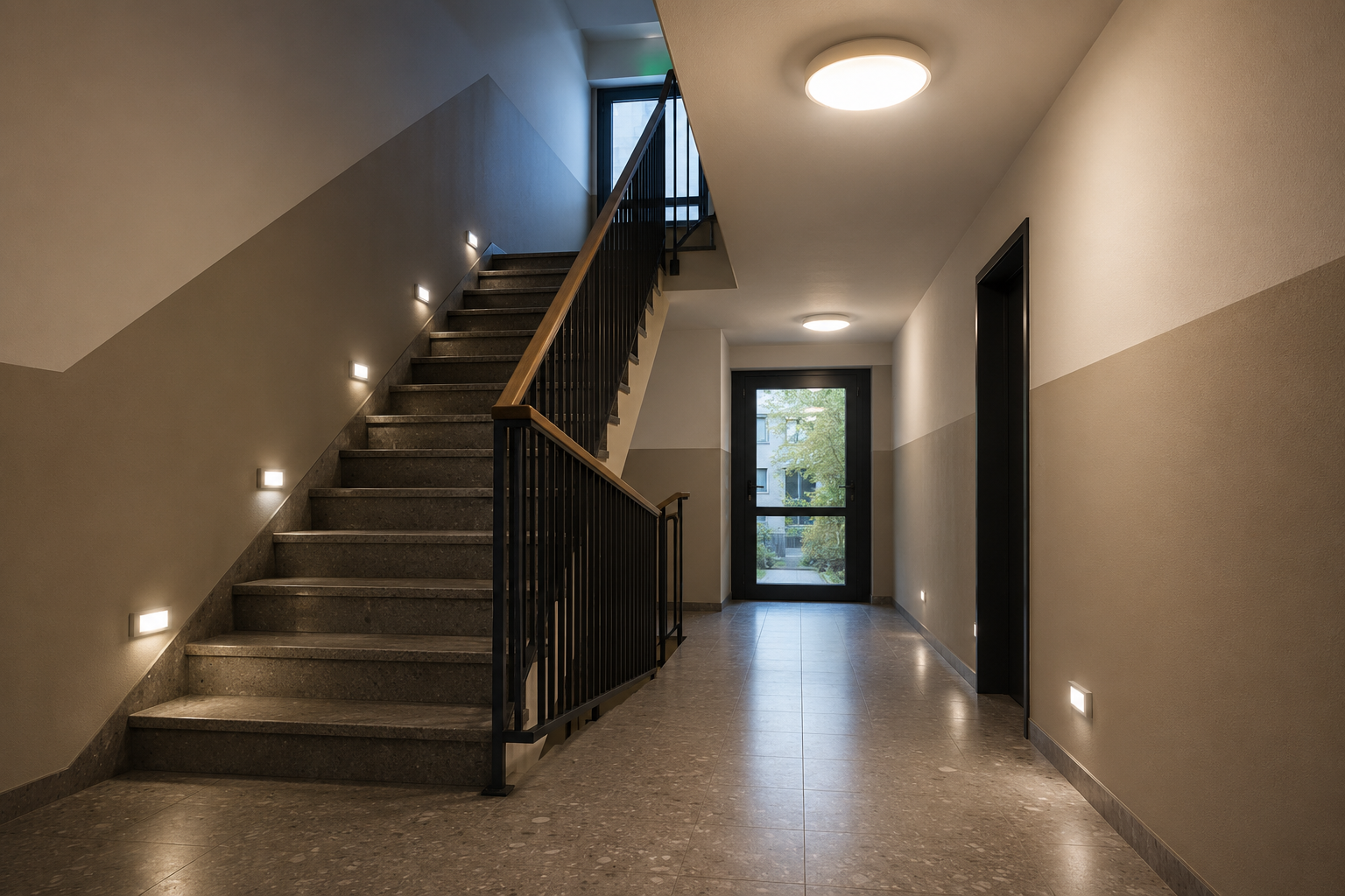 Moderné LED schodiskové osvetlenie so senzorom pohybu v bytovom dome, osvetlené schodisko, chodba, vstupné priestory a spoločné priestory paneláku, úsporné osvetlenie chodieb a schodísk pre bezpečný pohyb obyvateľov, výmena starého osvetlenia za LED svietidlá, montáž schodiskového osvetlenia Bratislava, Senec, Pezinok, Stupava, Malacky a okolie.